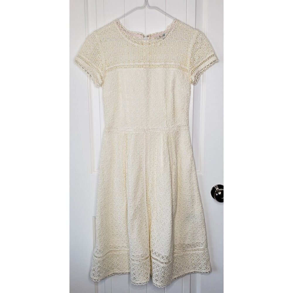 Boden Lace Crochet Dress Womens 4 Cream Short Sleeve Knee Length A Line Cotton